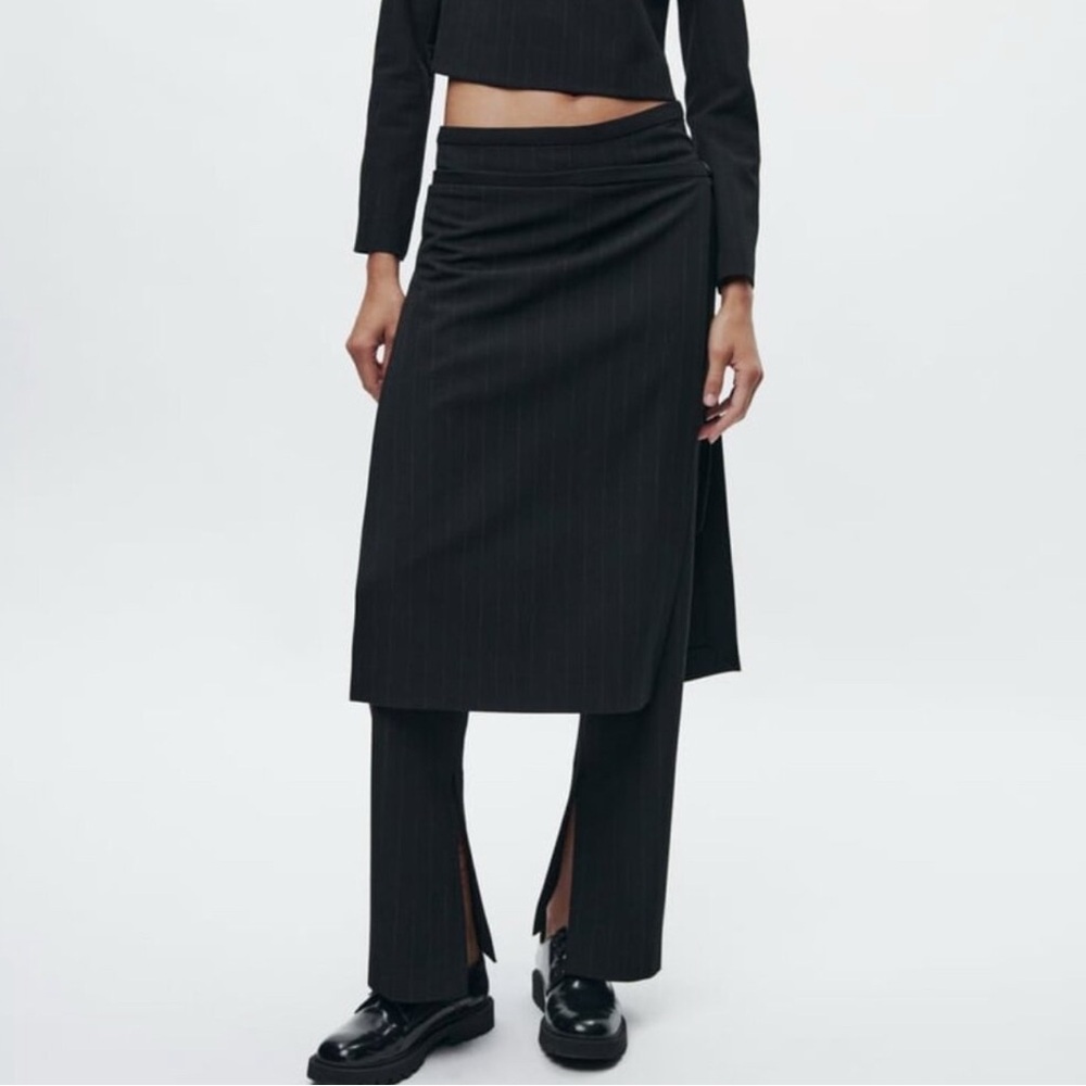 Zara Black Pinstripe Wrap Skirt Over Pants Set